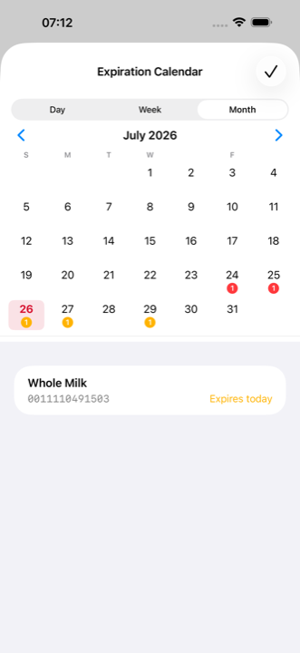 Expiration calendar month view with a selected day